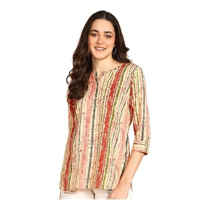 JAIPURFAME Women's Floral Printed Cotton Top - Stylish Long Top with Mandarin Collar, Perfect for Jeans, Ideal for Casual & Ethnic Wear