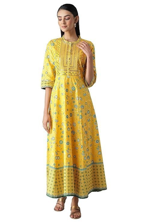 Aurelia Women's Cotton Yellow Flared Dress Midi