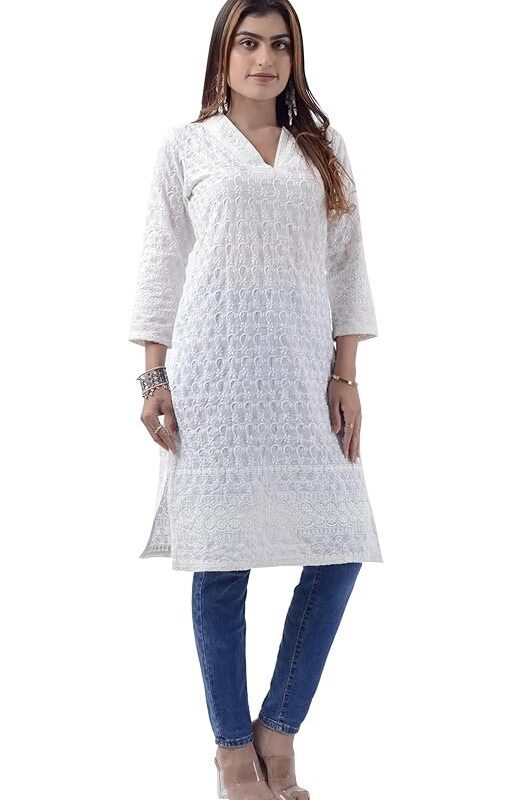Tromboo Hand Chikan Allover Embroidery White V Neck Glaze Cotton Kurti for Women
