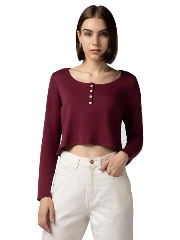 FYLTR Women's Casual Henley Crop Top -100% Cotton Full Sleeves | Fitted Length | Tops for Women Western | Women t Shirt