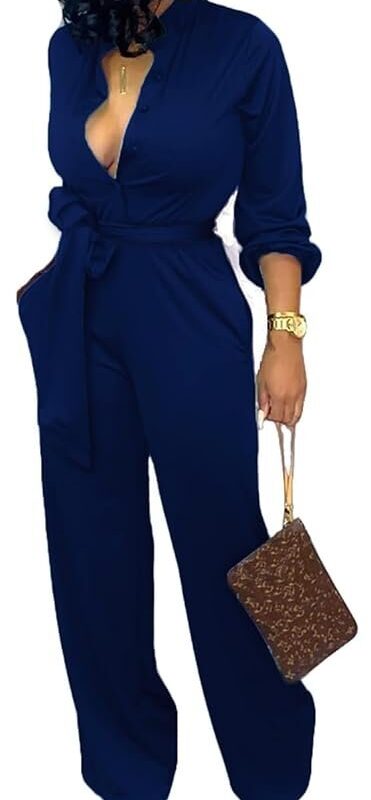 SxClub Jumpsuits for Women Formal Sexy Elegant Long Straight Pants Busineess Party Jumpsuit with Belt Pockets, Dark Blue, Small