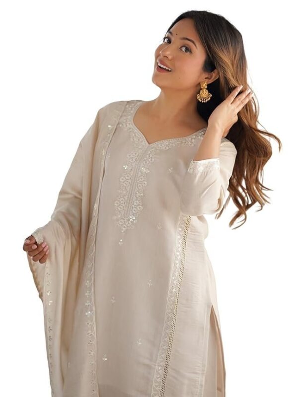 SKYLEE Women's Silk Embroidery and Lace Straight Kurta with Pant & Dupatta