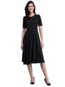FableStreet Cotton Round Neck Knitted Fit and Flare Dress - Black