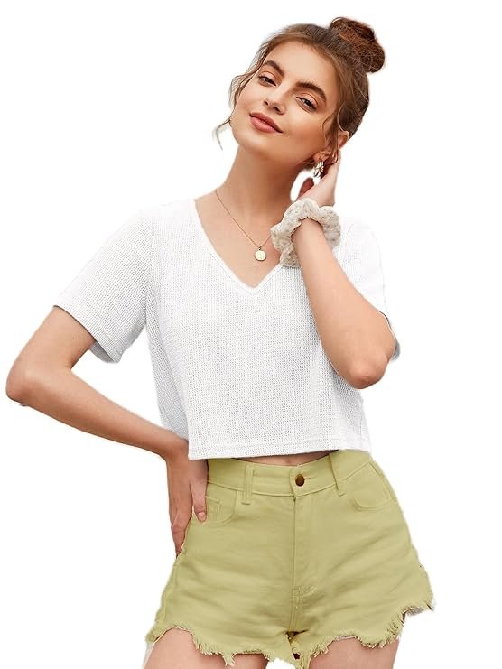 Zilcon Womens Fashion Crop Tops Summer Winter Baisc V Neck Casual Short Sleeve Crop Tops for Women | Women Fashion