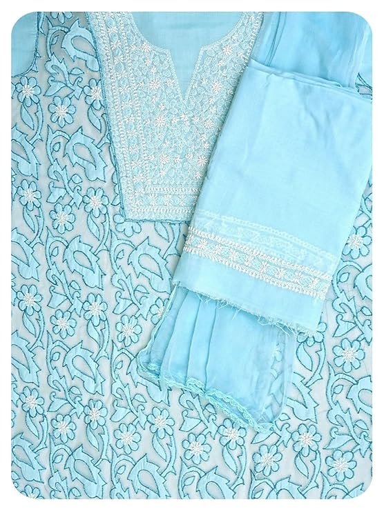 Ada Hand Embroidered Lucknowi Chikankari Unstitched Cotton Dress Material Suit Piece with Dupatta for Women 01A821965 Blue