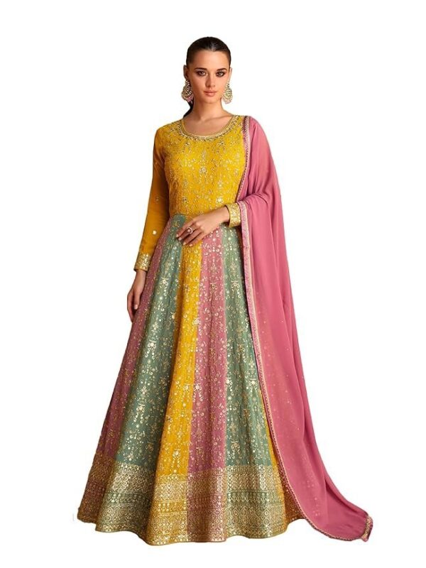 Miss Ethnik Women's Yellow Faux Georgette Stitched Top with Dupatta Full Sleeve Embroidered Anarkali Gown