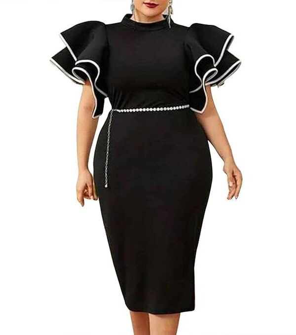 Cololura Plus Size Ruffle Sleeve Peplum Bodycon Formal Evening Gowns Party Dress