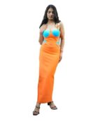 Haute Amore Callista Cutout Long Party Dress Bold Orange & Blue Color Block Cut-Out Bodycon Maxi Dress