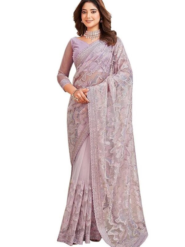 TRENDMALLS Women's Net Sequin Embroidery Zarkan Work Saree with Unstitch Blouse Piece