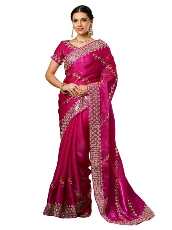 SIRIL Women's Tissue Silk Sequence Embroidery Scalloped Border Saree With Unstitched Blouse Piece