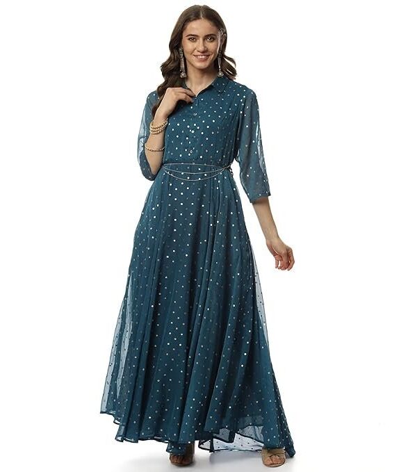 BIBA Women Fit and Flare Below The Knee Art Silk Flared Printed Dress