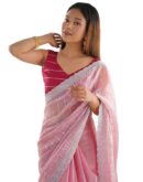 SIRIL Women's Shimmer Chiffon Sequence Embroidery Saree With Unstitched Blouse Piece for Wedding and Parties