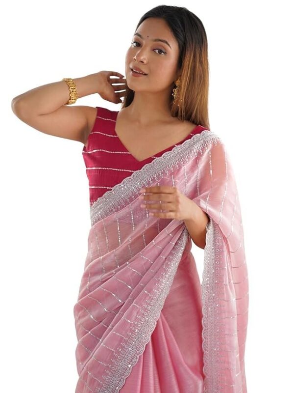 SIRIL Women's Shimmer Chiffon Sequence Embroidery Saree With Unstitched Blouse Piece for Wedding and Parties