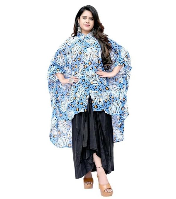 Women's Tropical Floral Print High-Low Kaftan Tunic with Black Dhoti Skirt