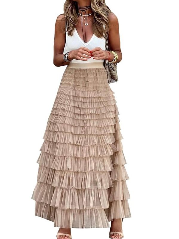 Gratoryna Womens Long Maxi Tulle Skirt A Line Ruffle Mesh High Waisted Tiered Layered Skirts Petticoat