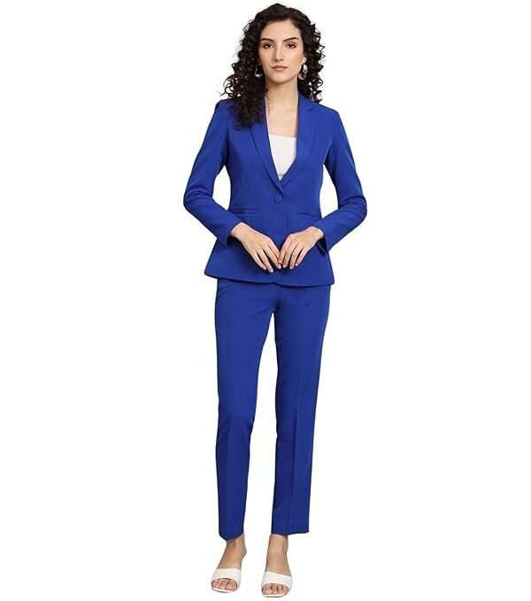 Powersutra Women's Ink Blue Notch Collar Stretch Suit with Blazer & Trousers | Single-Breasted | Button Closure | Elastic Waist Pants