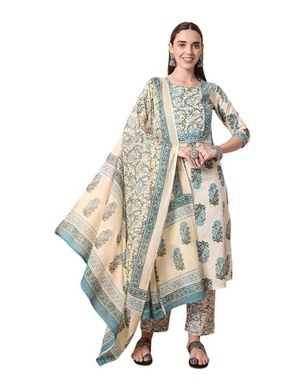 YUFTA cream pure cotton kurta set with pant & dupatta