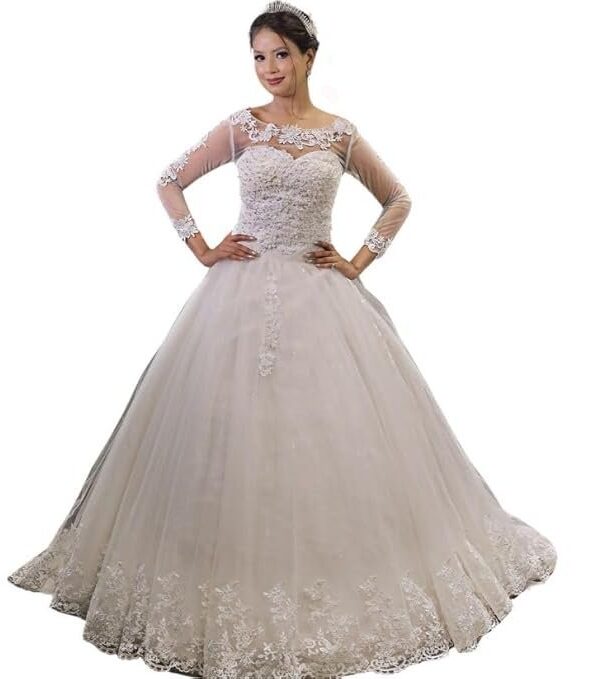 GOWNLINK White Full Stitched with Layers Christian Wedding Catholic Wedding White Train Gown Wedding Dress in White Frock Women with Sleeves GL8020T