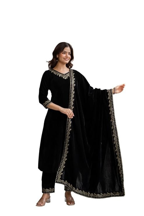 TRENDMALLS Women's Velvet Embroidery Salwar Suit Set Kurta Pant with Dupatta for Women