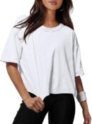 XIEERDUO Cotton Tshirts for Women Drop Shoulder Round Neck Oversized Crop Tops Workout Tops Tees