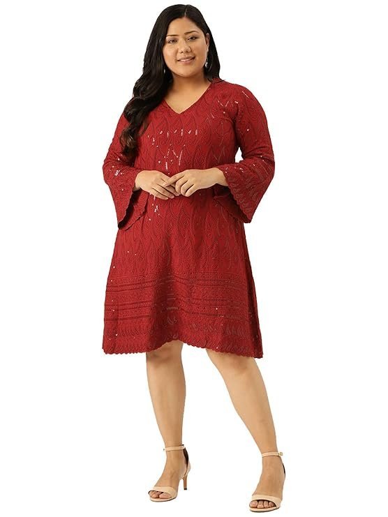 theRebelinme Plus Size Women's 4714QC_Red Solid Color Embroidered & Sequinned A-Line Dress