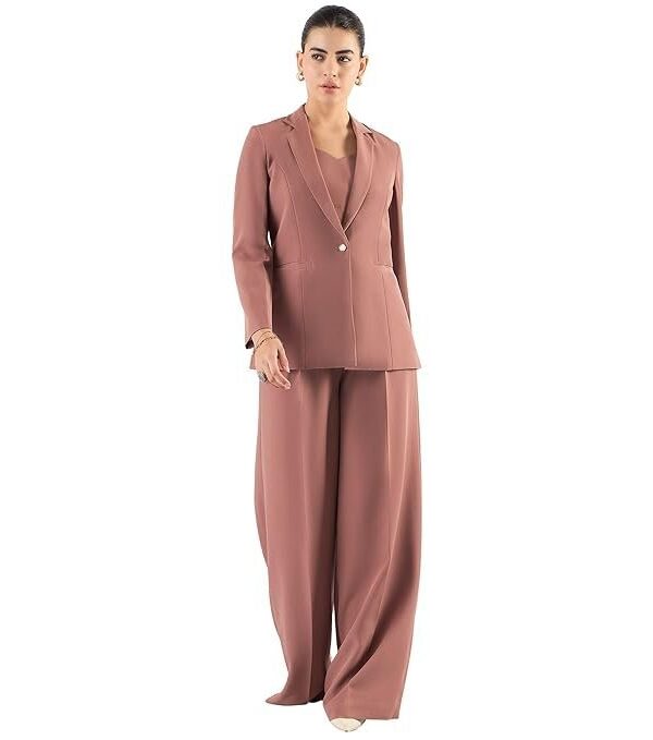 Powersutra Women’s Dusty Peach 3-Piece Formal Suit | Tailored-Fit Blazer, Waistcoat & Mid-Rise Trousers | Stretchable Fabric, Notched Lapel, Button Closure | Office & Business Wear