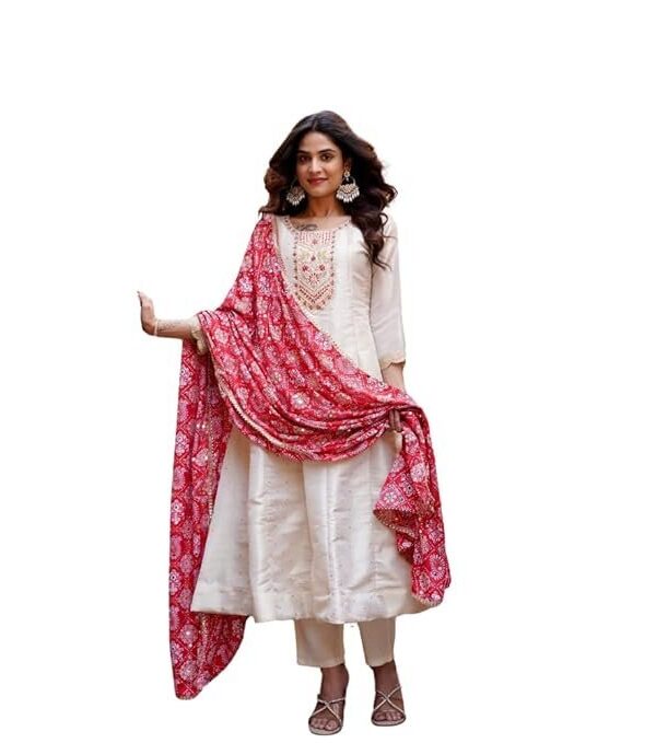 GEETHA CREATION Classic Red & Ivory Ethnic Dress for Women – Embroidered Silk Ensemble with Dupatta