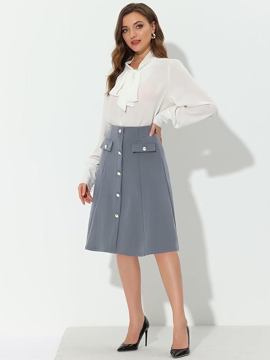 Allegra K Women's A-Line Button Front Work Formal Knee Length Skirt