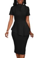 Women's Fashion Peplum Bodycon Short Sleeve Work Dresses Bow Club Ruffle Pencil Formal Cocktail Dress
