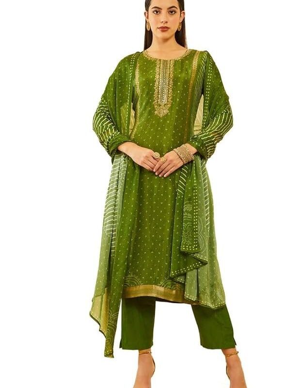 Soch Womens Brocade Bandhani Printed Suit Set with Mirror Work