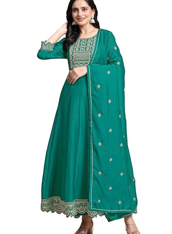 TRENDMALLS Women's Art Silk Embroidery Salwar Suit Set A line Pleated Kurta Pant with Dupatta
