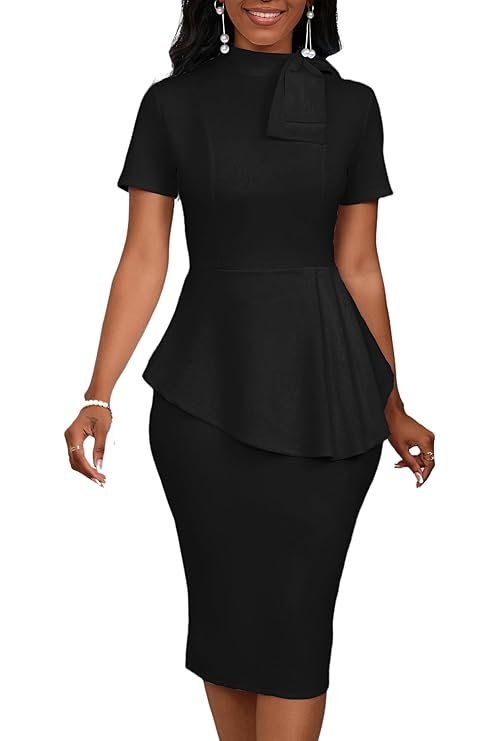Women's Fashion Peplum Bodycon Short Sleeve Work Dresses Bow Club Ruffle Pencil Formal Cocktail Dress