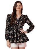 Sheetal Associates Women's Crepe Puff Sleeves Peplum Top with Floral Printed Regular Fit Full Sleeve and V-Neck Maxi Length