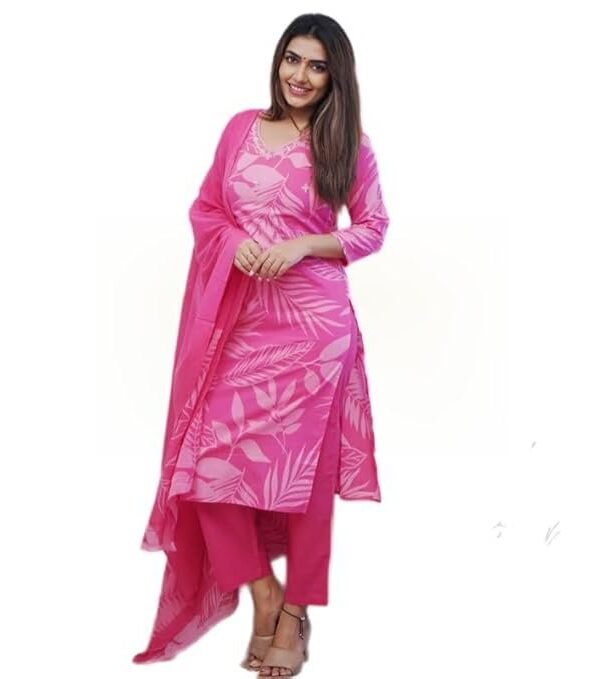 JIKRA JAIPUR Women's Pink Leafy Print Muslin Straight Kurta Pant Set with Matching Leafy Printed Dupatta | Comfortable Ethnic Wear for Everyday and Special Occasions