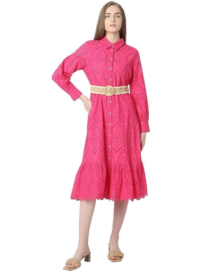 VERO MODA Women Schiffli Shirt Collar Cuffed Sleeves Pure Cotton A-Line Midi Dress
