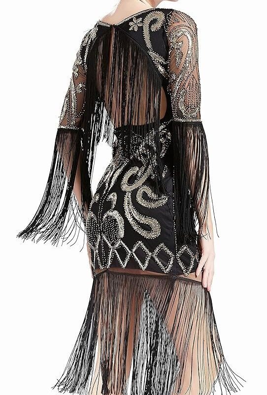 BABEYOND 1920s Flapper Dress Long Fringe Gatsby Dress Roaring 20s Sequin Beaded Dress Vintage Art Deco Dress