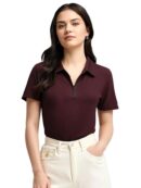 Mack Jonney Ribbed |Regular Fit | Half Sleeves 100% Cotton Polo Neck Self Design with Zip T-Shirt for Women-M919
