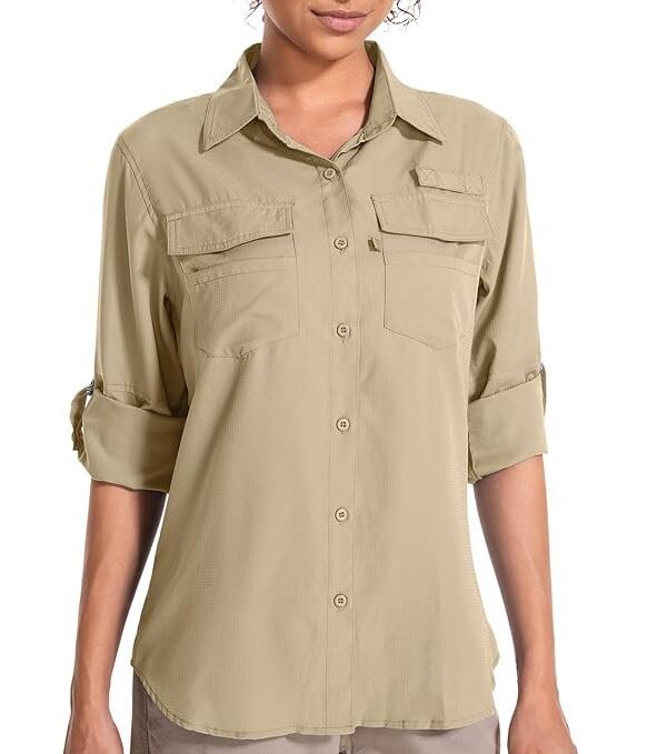 Toomett Long Sleeve Shirts for Women Hiking Fishing Safari Camping Travelling Button Down Quick Dry Convertible to Short Sleeve,F5026,Khaki