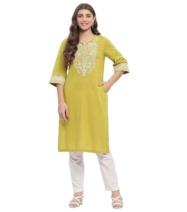 BIBA Women Cotton Straight Embroidered Kurta