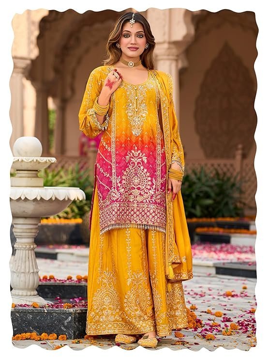 INDO ERA Women's Silk Blend Embroidered Straight Kurta & Palazzo with Dupatta Set