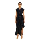 Prisella Navy Blue Glazed Organza Ruffle Gown for Women | Luxury Designer Western Dress | Asymmetrical Indo for Wedding, Cocktail, Birthday & Evening