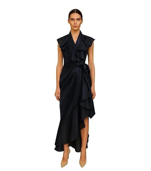 Prisella Navy Blue Glazed Organza Ruffle Gown for Women | Luxury Designer Western Dress | Asymmetrical Indo for Wedding, Cocktail, Birthday & Evening