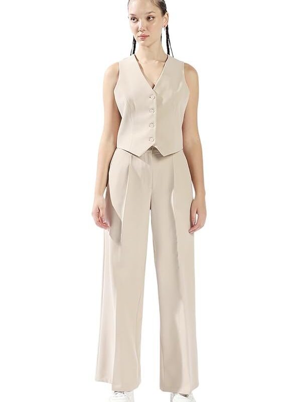 High Star Women Solid Regular Length Tailored Fit V Neck Sleeveless Waistcoat and Wide Leg Trouser Co-ord Set