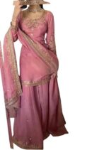 PORWAL CRAFT Women's Pure Chinnon Silk Embroidered Kurti with Sharara & Dupatta Set