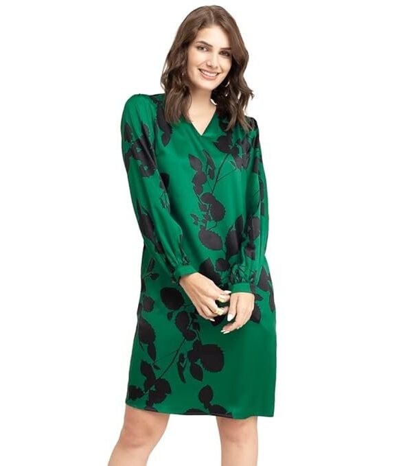 FableStreet Women's V-Neck Green Satin Floral Dress