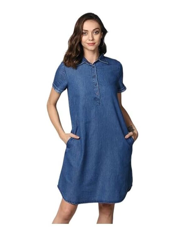 AHAVENIC Shop Women's Denim Solid Collar Neck Short Sleeve Dress (Blue)-PID61539