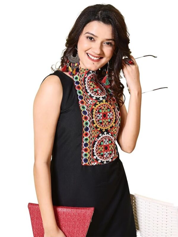 EthnicJunction Women's Cotton Blend Embroidered High Neck Navratri Speical Sleeveless Kurta