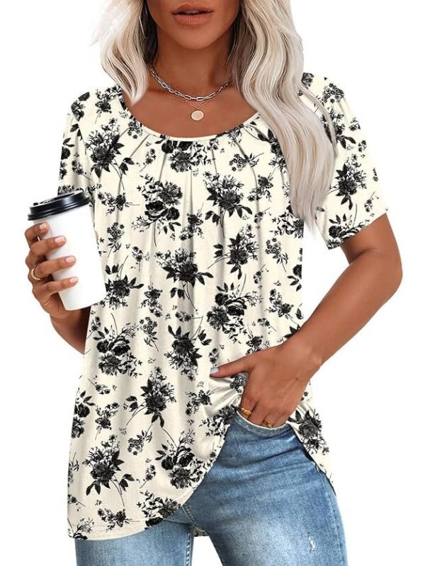 Anymeet 2023 Women's Summer Tunic Top Short Sleeve Casual Tshirts Pleated Loose Blouses for Leggings, Black Rose, XX-Large