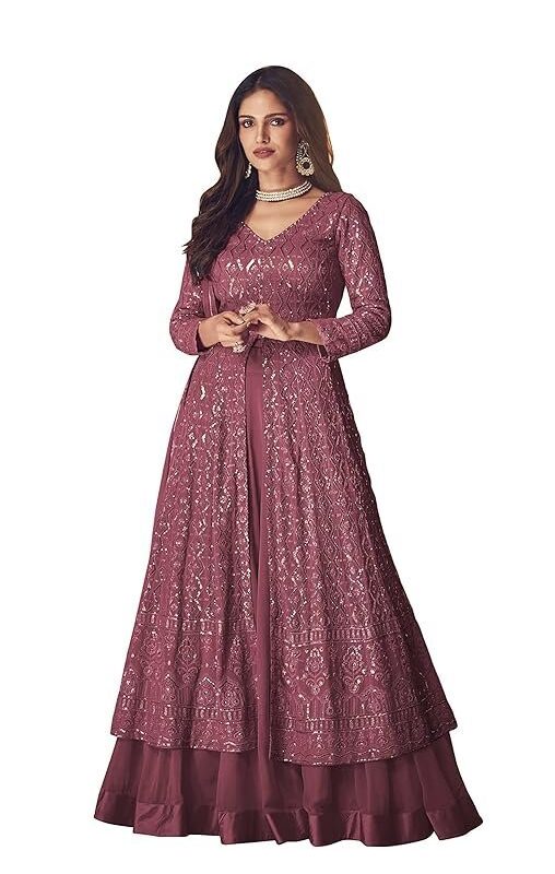 RUDRAPRAYAG Anarkali Straight Suit for Women | Georgette & Santoon Straight Suit | Semi-Stitched Gown for Women 2023