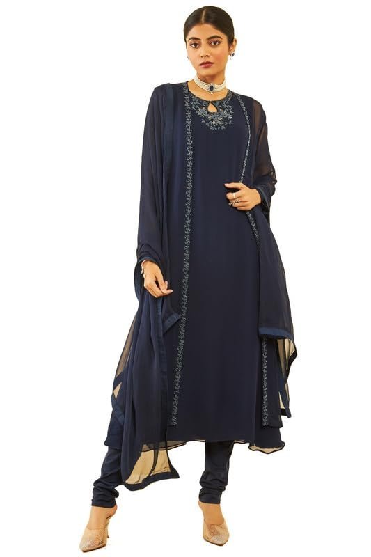 Soch Womens Georgette Beadwork Embellished A-Line Chudidar Suit Set with Shrug